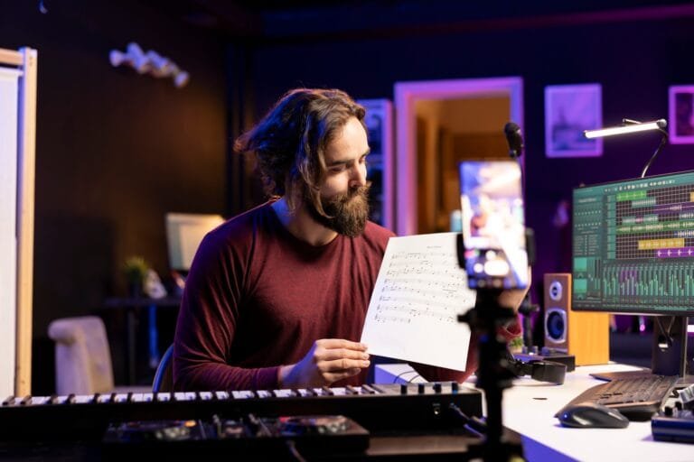 Young singer pointing at music sheet to explain notes on synthesizer