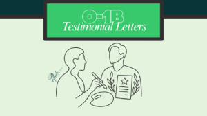 Minimalist one-line drawing of two individuals reviewing an arts-related testimonial letter adorned with a star and laurel branches, symbolizing O-1B visa recommendation letters.