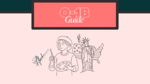Minimalist black-line illustration of an artist holding a paintbrush and palette beside the Statue of Liberty and a stylized U.S. map, symbolizing the O-1B visa for artists and creators.