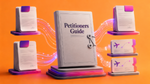 Sealed “Petitioners Guide” file connected to employment agreements and itinerary cards, representing O-1 and P visa agent petitions.